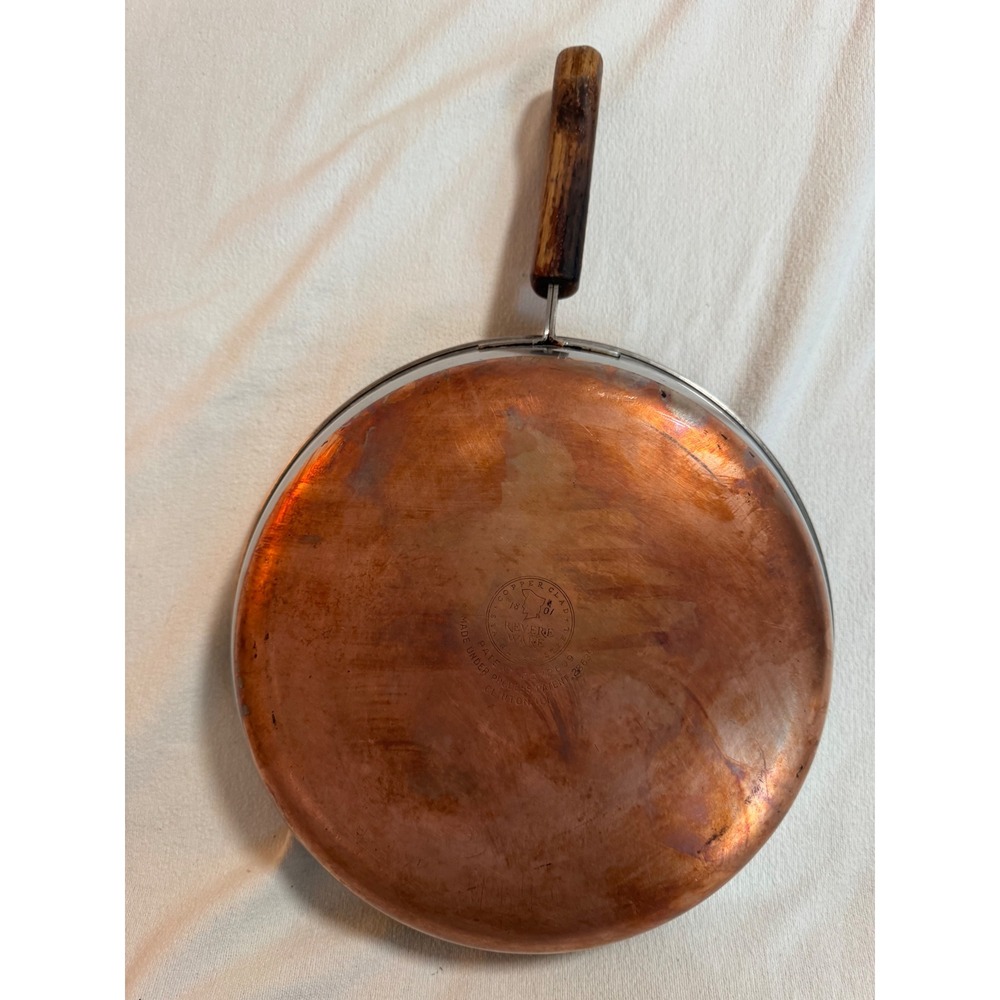 Vintage Revere Ware 12 Inch Skillet Copper Clad Wood Handle Clinton ILL USA